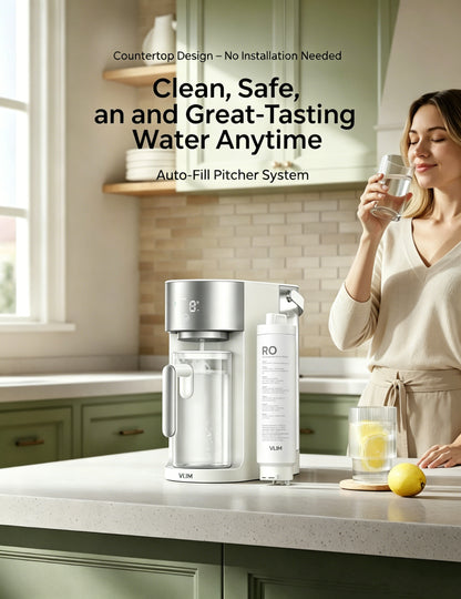 VLIM Countertop Reverse Osmosis Water Filter – Water Purifying Units for Potable Water for Domestic Use, 3:1 Pure-to-Drain Ratio, Filter Life Indicator & Auto-Fill Pitcher System