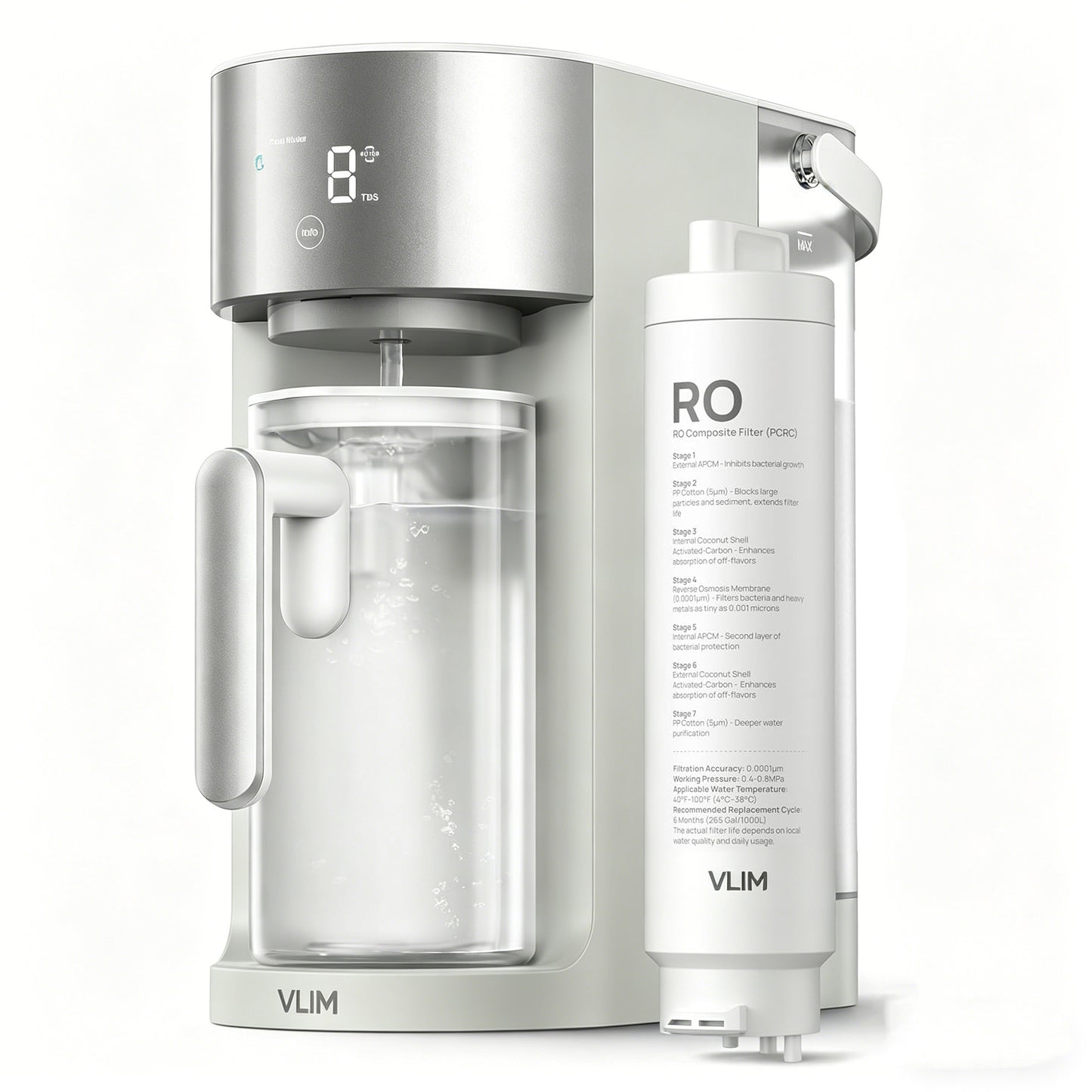 VLIM Countertop Reverse Osmosis Water Filter – Water Purifying Units for Potable Water for Domestic Use, 3:1 Pure-to-Drain Ratio, Filter Life Indicator & Auto-Fill Pitcher System