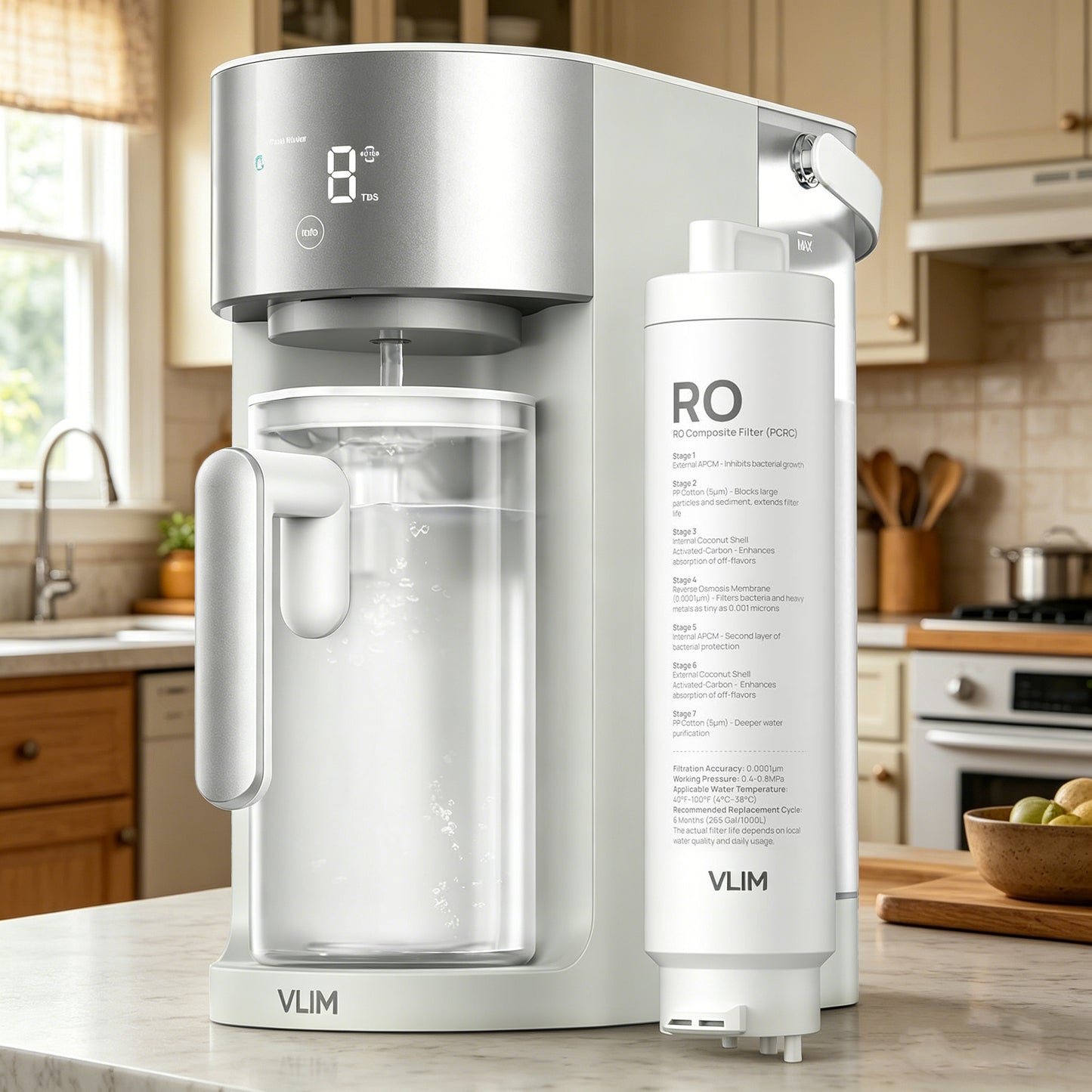 VLIM Countertop Reverse Osmosis Water Filter – Water Purifying Units for Potable Water for Domestic Use, 3:1 Pure-to-Drain Ratio, Filter Life Indicator & Auto-Fill Pitcher System